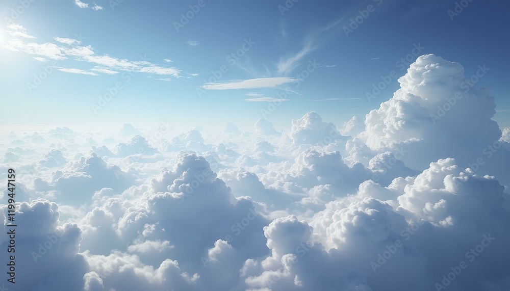 Aerial view of vast fluffy cloud landscape with clear blue sky above, soft and voluminous clouds, aerial shot, Day Aerial view of vast fluffy cloud landscape with clear blue sky above, soft and voluminous clouds, aerial shot, Day