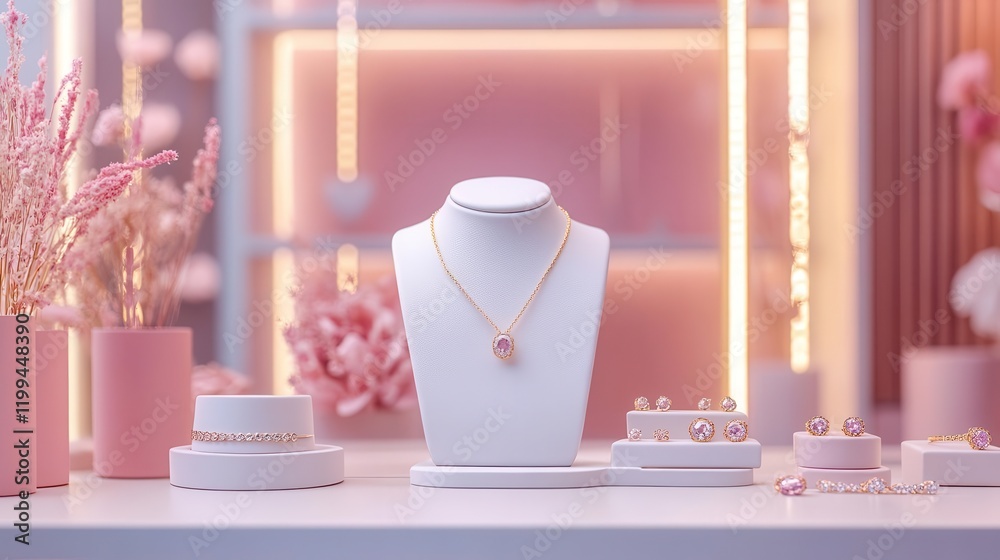 A stylish jewelry display featuring a pink-themed setup with elegant necklaces and bracelets showcased on a white stand. A stylish jewelry display featuring a pink-themed setup with elegant necklaces and bracelets showcased on a white stand.