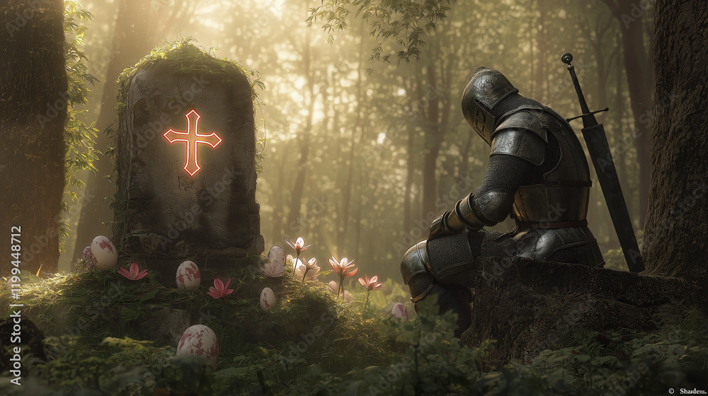 Fototapeta premium Medieval Knight's Quest for the Holy Grail in a Serene Forest