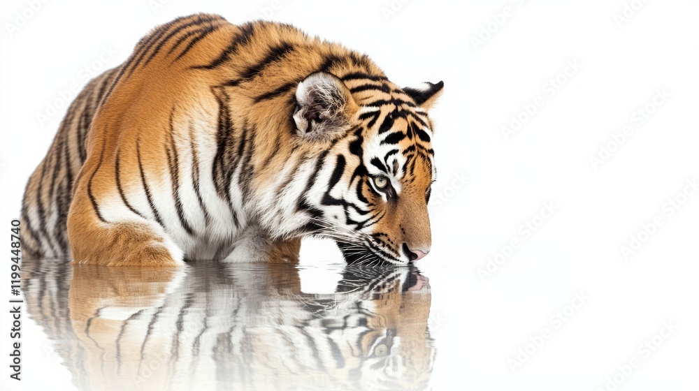 Obraz premium A tiger drinking from a serene water source, isolated on a bright white background,