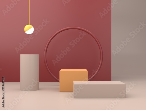 Neutral background for product presentation with shadows and light. Empty podiums in ocher colors. Primitives forms. 