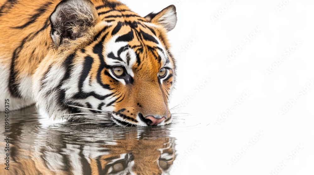 Fototapeta premium A tiger drinking from a serene water source, isolated on a bright white background,