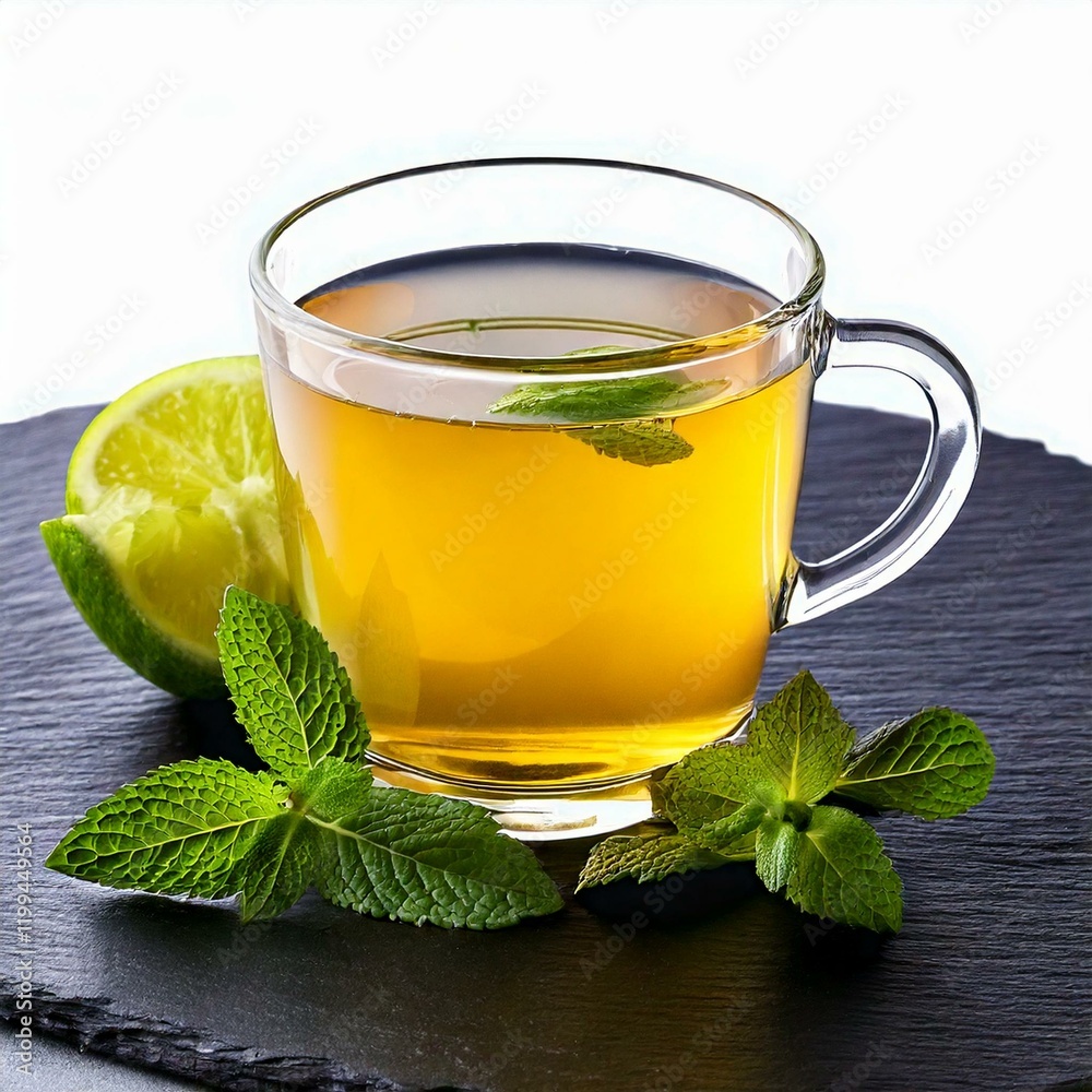 A refreshing glass cup of green tea infused with cinnamon, lemon, strawberry, jasmine, and mint, beautifully arranged on a wooden floor, perfect for capturing a soothing and aromatic tea moment. A refreshing glass cup of green tea infused with cinnamon, lemon, strawberry, jasmine, and mint, beautifully arranged on a wooden floor, perfect for capturing a soothing and aromatic tea moment.
