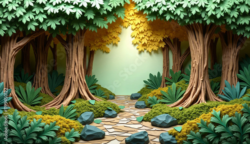 realistic forest scene created entirely from layers of paper. The trees have trunks made from rolled-up paper