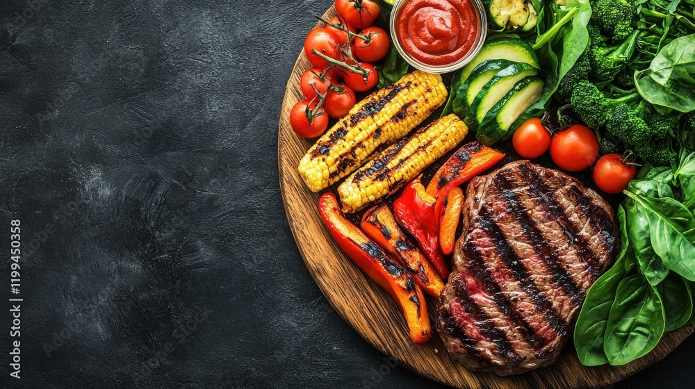 Naklejka premium Grilled steak and vegetables on a wooden board. A delicious and healthy meal.