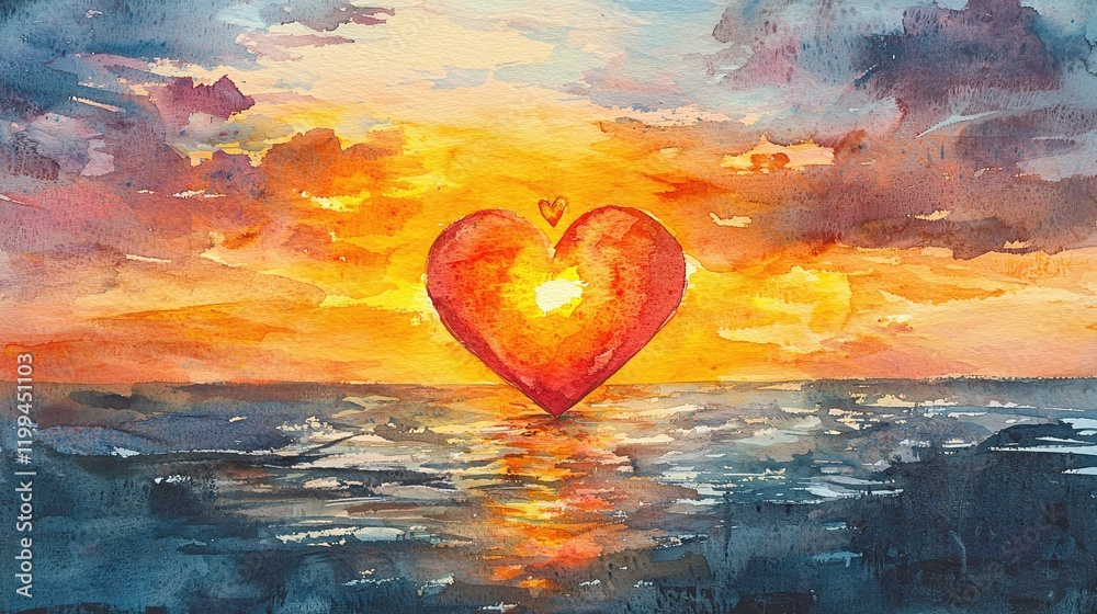 Fototapeta premium Watercolor Sunset Ocean Heart Romantic Love Art Painting