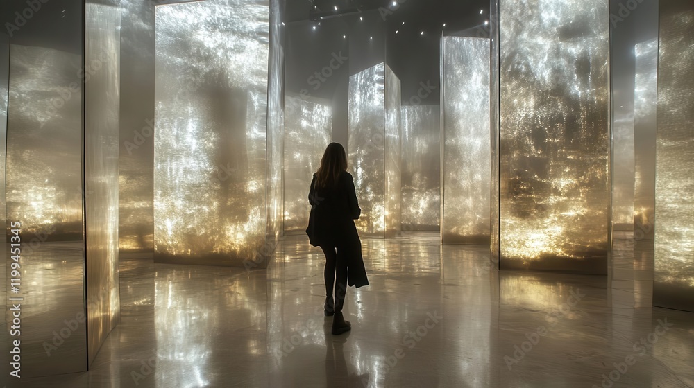 A silhouetted figure stands amidst illuminated panels, creating a surreal, immersive environment filled with reflections and light. A silhouetted figure stands amidst illuminated panels, creating a surreal, immersive environment filled with reflections and light.