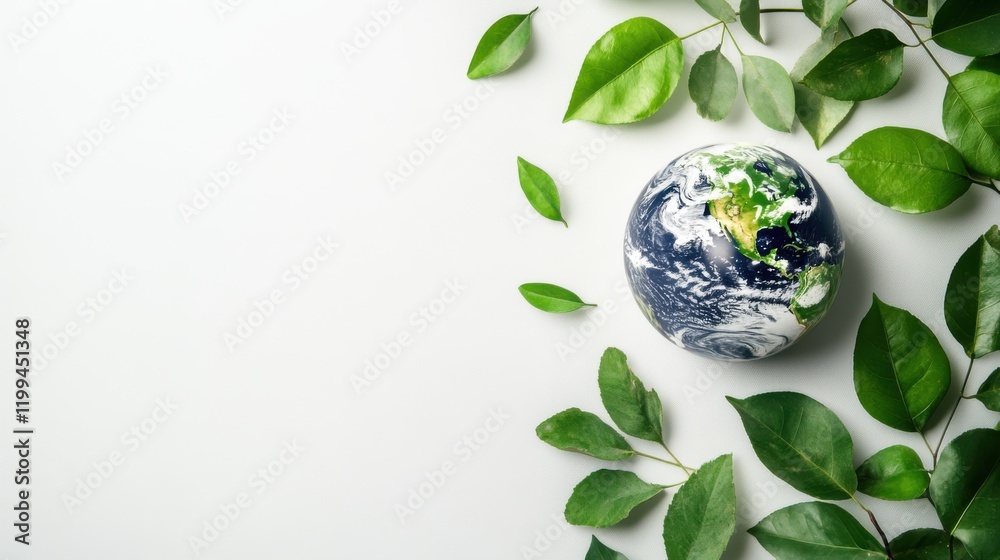 Earth globe surrounded by green leaves on a white background, symbolizing environmental awareness Earth globe surrounded by green leaves on a white background, symbolizing environmental awareness