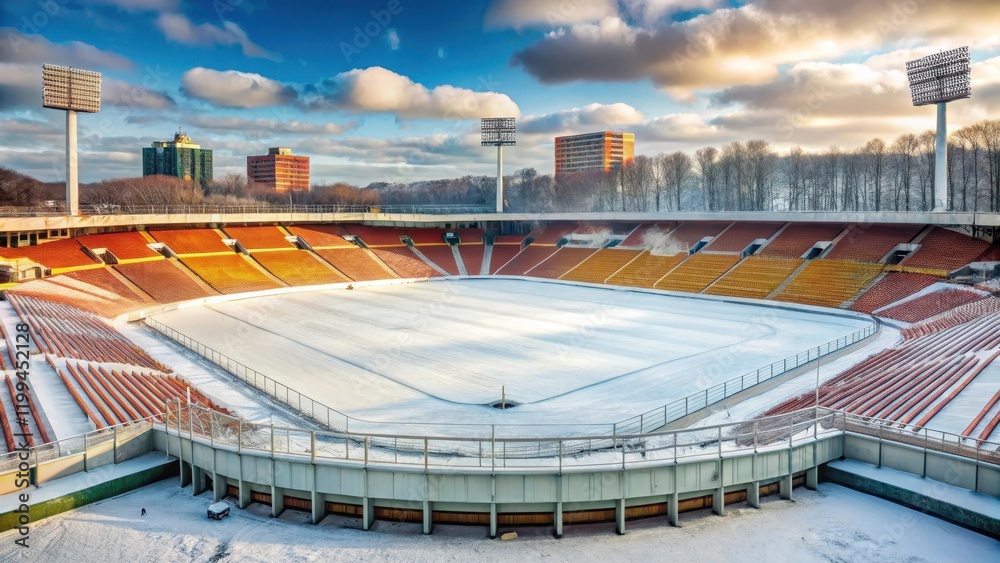 Obraz premium Soccer stadium in Moscow during winter, snow, winter sports, snow,winter sports
