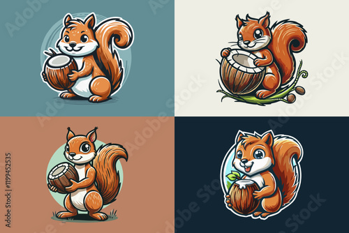 This is the mascot logo of a squirrel holding a coconut, suitable for logo designs for hardworking companies, mines, vegetable shops, clothing brands, food, groceries, bread, cakes, children's snacks,