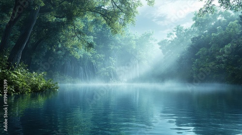 Mystical Foggy Forest with Calm Lake and Sunlight Reflection