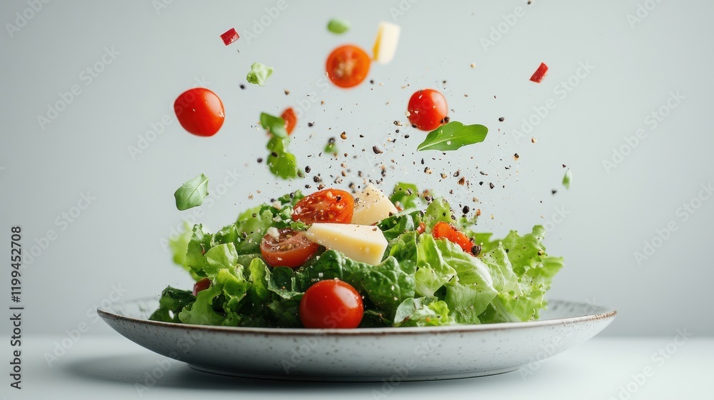 Fresh salad with tomatoes, cheese, and herbs tossed in the air. Fresh salad with tomatoes, cheese, and herbs tossed in the air.
