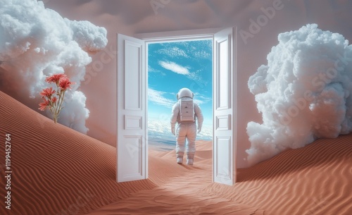 A white door opens to reveal an astronaut standing in the desert, surrounded by clouds and flowers. The scene is surreal, with sand dunes and sky. A dreamy atmosphere envelops everything.