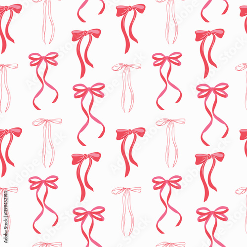 Red Pink Bow knots and ribbons seamless pattern. Hand drawn bow repeat vector illustration. Wedding celebration, holiday, party decoration, fabric print, home decor. 