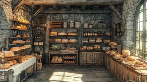 Wallpaper Mural A rustic bakery interior filled with various loaves of bread and baked goods, showcasing wooden shelves and a cozy atmosphere. Torontodigital.ca