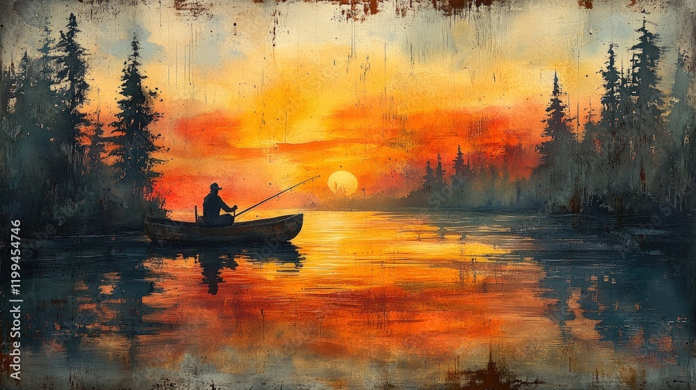 Sunset fisherman in tranquil lake, orange sky. Sunset fisherman in tranquil lake, orange sky.