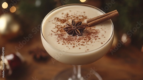 Close-up of a rich, creamy coquito cocktail in a glass, with a cinnamon stick, highlighting its smooth texture and cozy holiday feel.