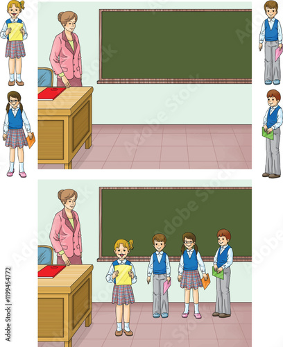 Cartoon. Children reading poetry in front of the blackboard in the classroom. Teacher in front of them. Poetry competition in the classroom.