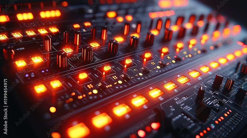 Close-up of a vibrant electronic synthesizer with glowing controls and knobs Close-up of a vibrant electronic synthesizer with glowing controls and knobs