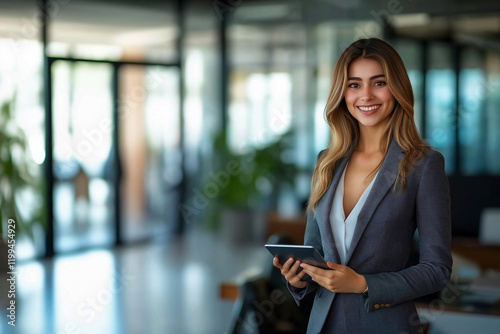 Portrait of a young Hispanic professional businesswoman standing confidently in an office and Using a tablet, a Smiling female executive, Cheerful entrepreneur, corporate leader, and Hr manager. Free Download Portrait of a young Hispanic professional businesswoman standing confidently in an office and Using a tablet, a Smiling female executive, Cheerful entrepreneur, corporate leader, and Hr manager. - GFXLoad