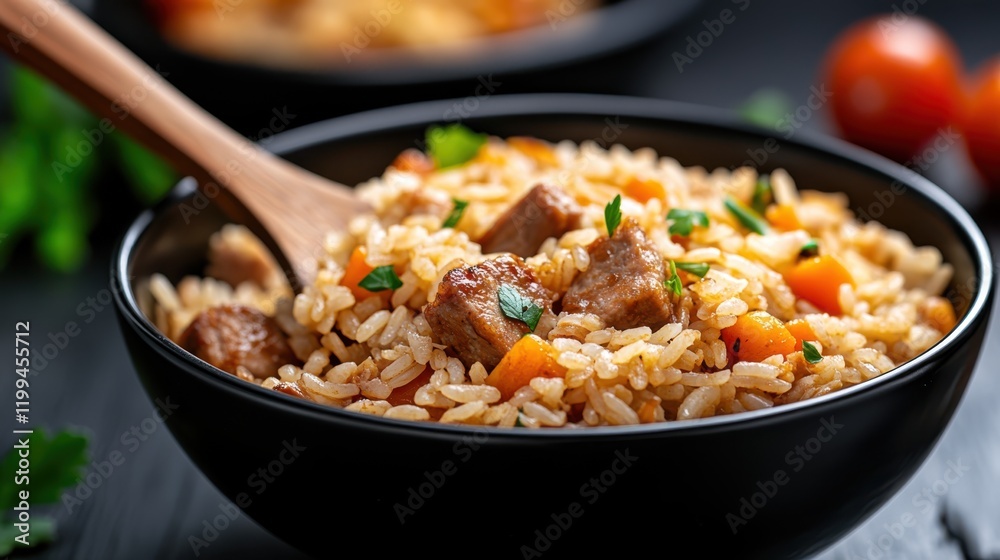 Savory rice dish stirred with a wooden spoon in a cozy kitchen setting Savory rice dish stirred with a wooden spoon in a cozy kitchen setting