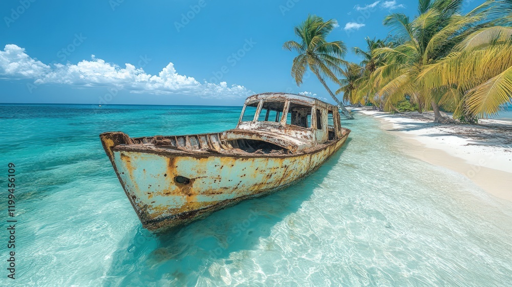 Fototapeta premium Rustic shipwreck rests on tropical beach.