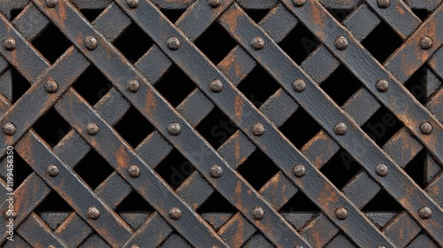 Close up of a dark metal lattice with rivets.  Industrial, textured background.