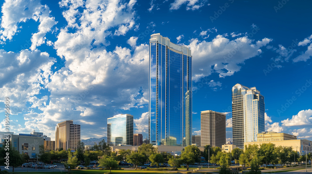 Fototapeta premium 近代的な高層ビル群と熱帯植物が調和する都市風景