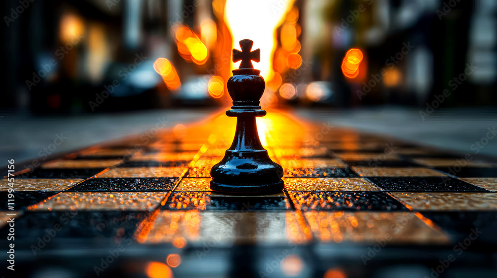 Chess King on a Wet Board at Dusk: A Game of Strategy and Urban Ambiance Chess King on a Wet Board at Dusk: A Game of Strategy and Urban Ambiance