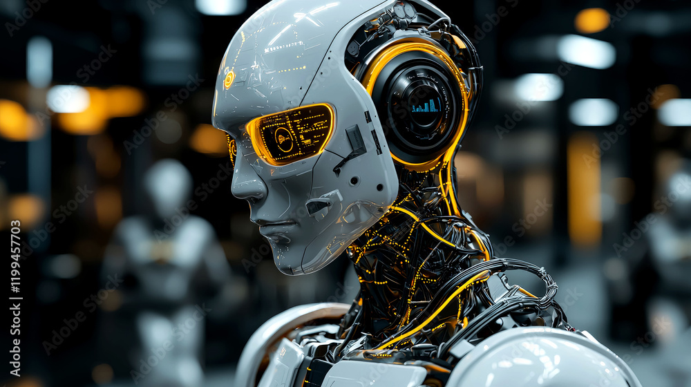 Fototapeta premium Close-up of a Futuristic Robot's Head: Exploring AI and Technological Advancement