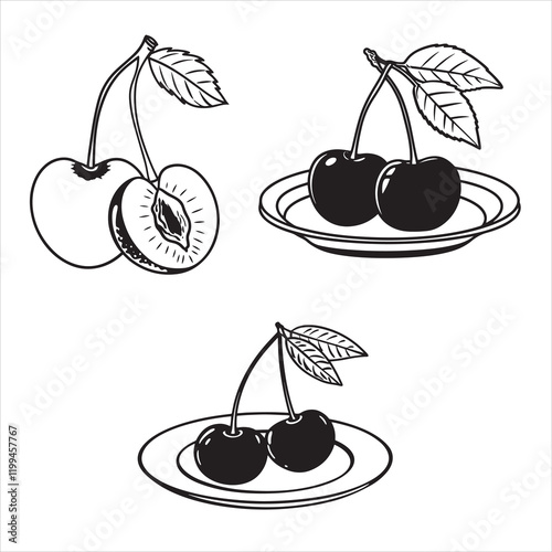 set of vector cherry fruits silhouette