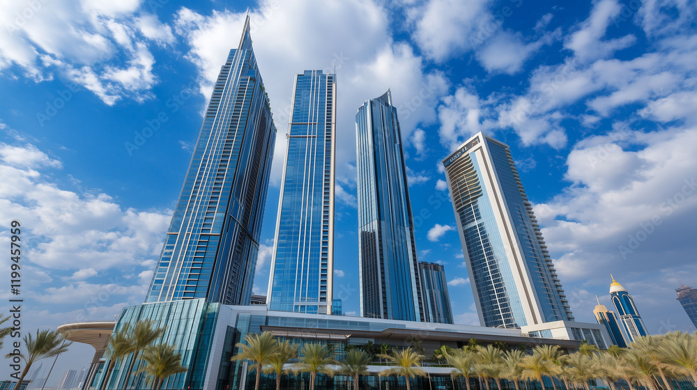 Obraz premium 近代的な高層ビル群と熱帯植物が調和する都市風景