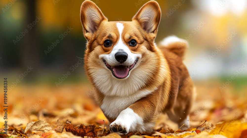 Adorable Corgi Puppy Running Through Autumn Leaves Adorable Corgi Puppy Running Through Autumn Leaves