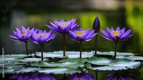 A purple water lily floats serenely on the glassy surface of a tranquil pond, its petals glowing softly in the sunlight.