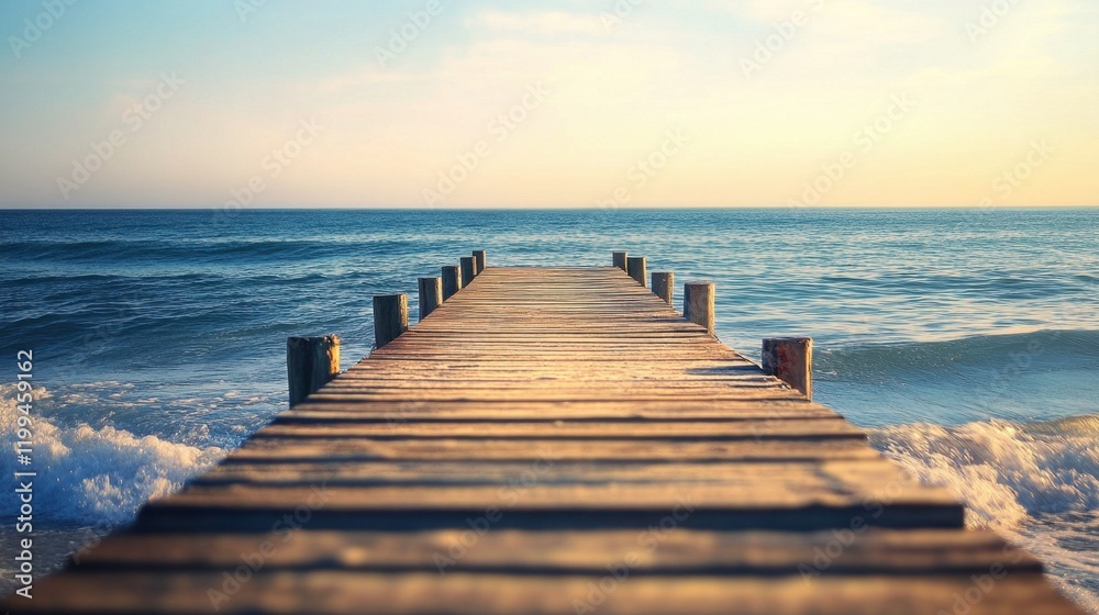 Capture the essence of tranquility with this stunning image of a wooden pier stretching into the serene ocean at sunset. A perfect getaway for relaxation. Capture the essence of tranquility with this stunning image of a wooden pier stretching into the serene ocean at sunset. A perfect getaway for relaxation.