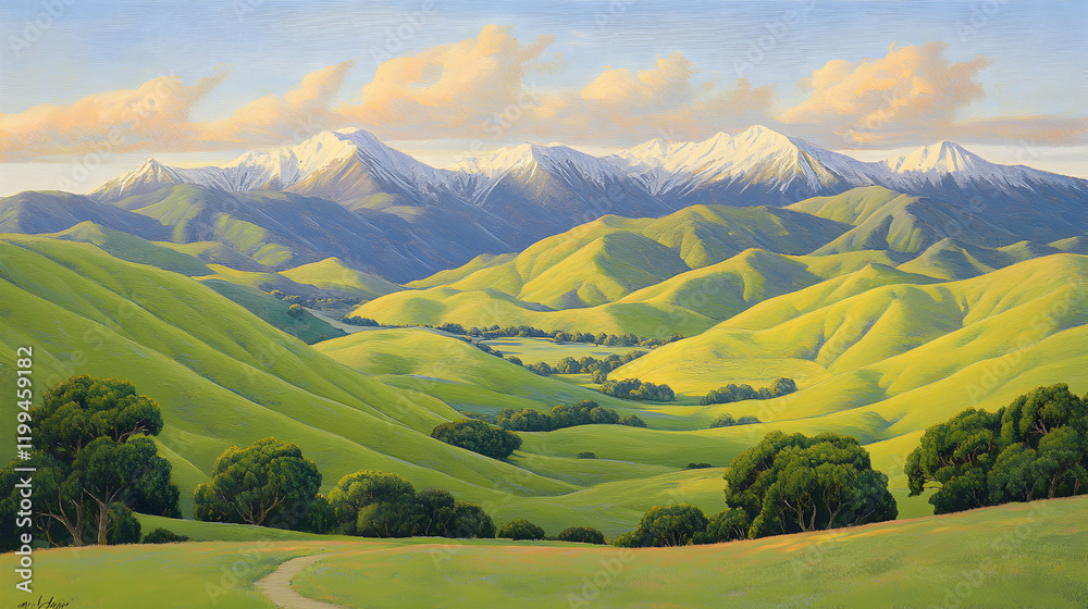 Obraz premium Serene landscape painting of rolling green hills and snow-capped mountains under a vibrant sky. Perfect for nature, travel, and environmental themes.