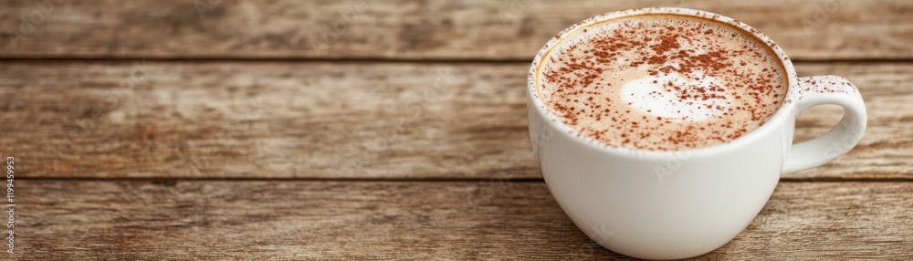 A cozy cup of cappuccino topped with cocoa powder, resting on a rustic wooden table, inviting warmth and comfort. A cozy cup of cappuccino topped with cocoa powder, resting on a rustic wooden table, inviting warmth and comfort.
