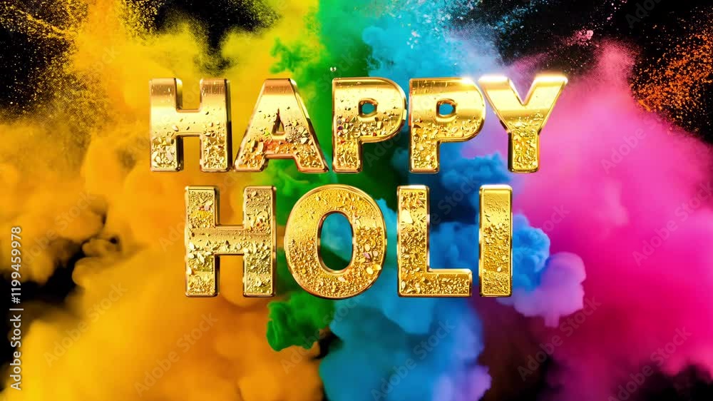 Festive Holi typography with golden letters and dynamic color burst. Happy Holi text surrounded by vibrant color powder explosion. 