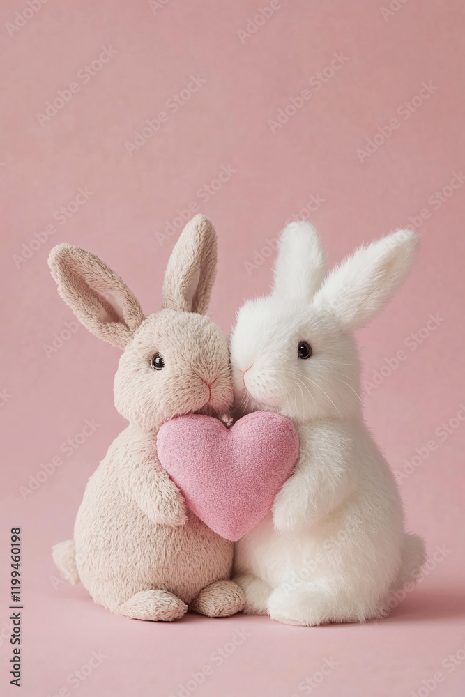 Obraz premium Two adorable rabbits holding a pink heart on a pastel background