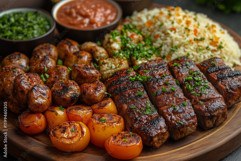 Flavorful kebab platter with rice, grilled vegetables, and sauces, vibrant Middle Eastern feast, copy space