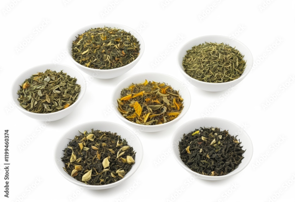 A variety of delicious herbal teas are mixed on white A variety of delicious herbal teas are mixed on white