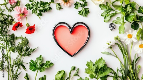 Heart-shaped container surrounded by fresh herbs and vibrant flowers on a white background