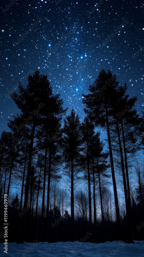 Fototapeta premium Starry night sky above silhouette of pine trees, tranquil winter landscape, serene atmosphere, copy space 