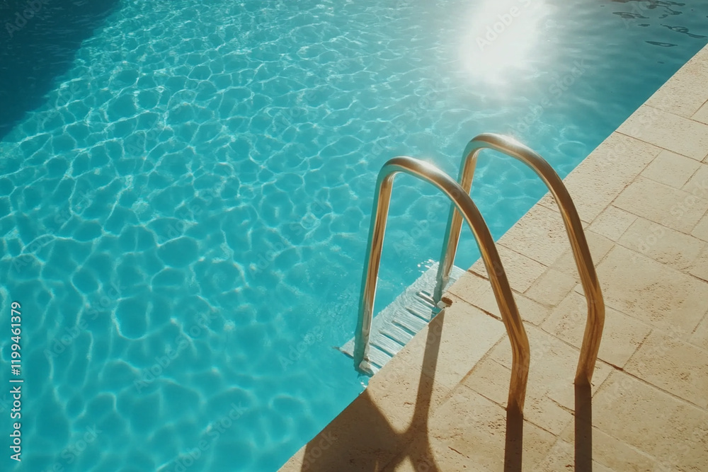 Stainless Steel Pool Ladder by Bright Blue Swimming Pool - Summer Vacation and Relaxation Concept Stainless Steel Pool Ladder by Bright Blue Swimming Pool - Summer Vacation and Relaxation Concept