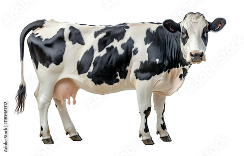 Dairy cow with udder. Black and white cow standing sideways. Isolated on white and transparent background