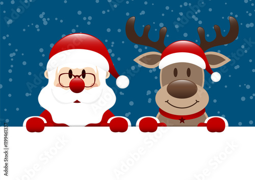 Weihnachtsmann Und Rentier Banner Schnee Dunkelblau Dunkelrot