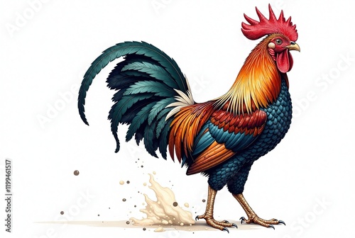 Rooster Flapping Wings - Engraved Sketch Style AI Art