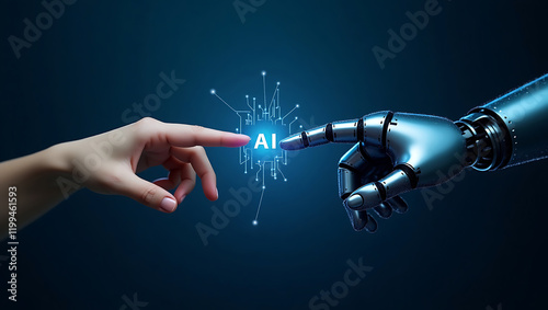 Robot hand making contact with human hand on dark background