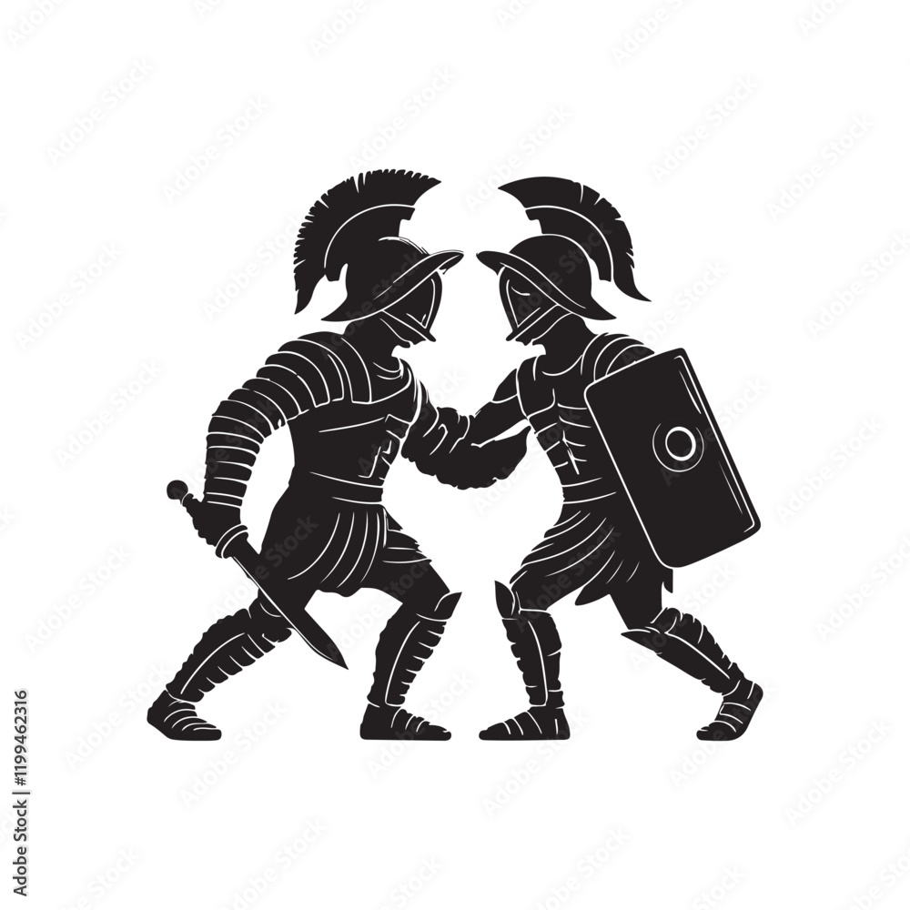 Fototapeta premium gladiators soldier spartan warrior cartoon character with helmet logo icon silhouette vector art flat design illustrations