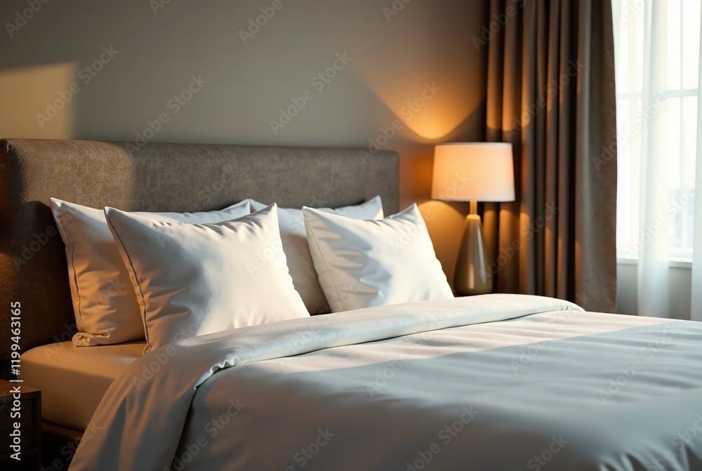 Obraz premium Luxurious Hotel Room - Bed, Pillows, Lamp